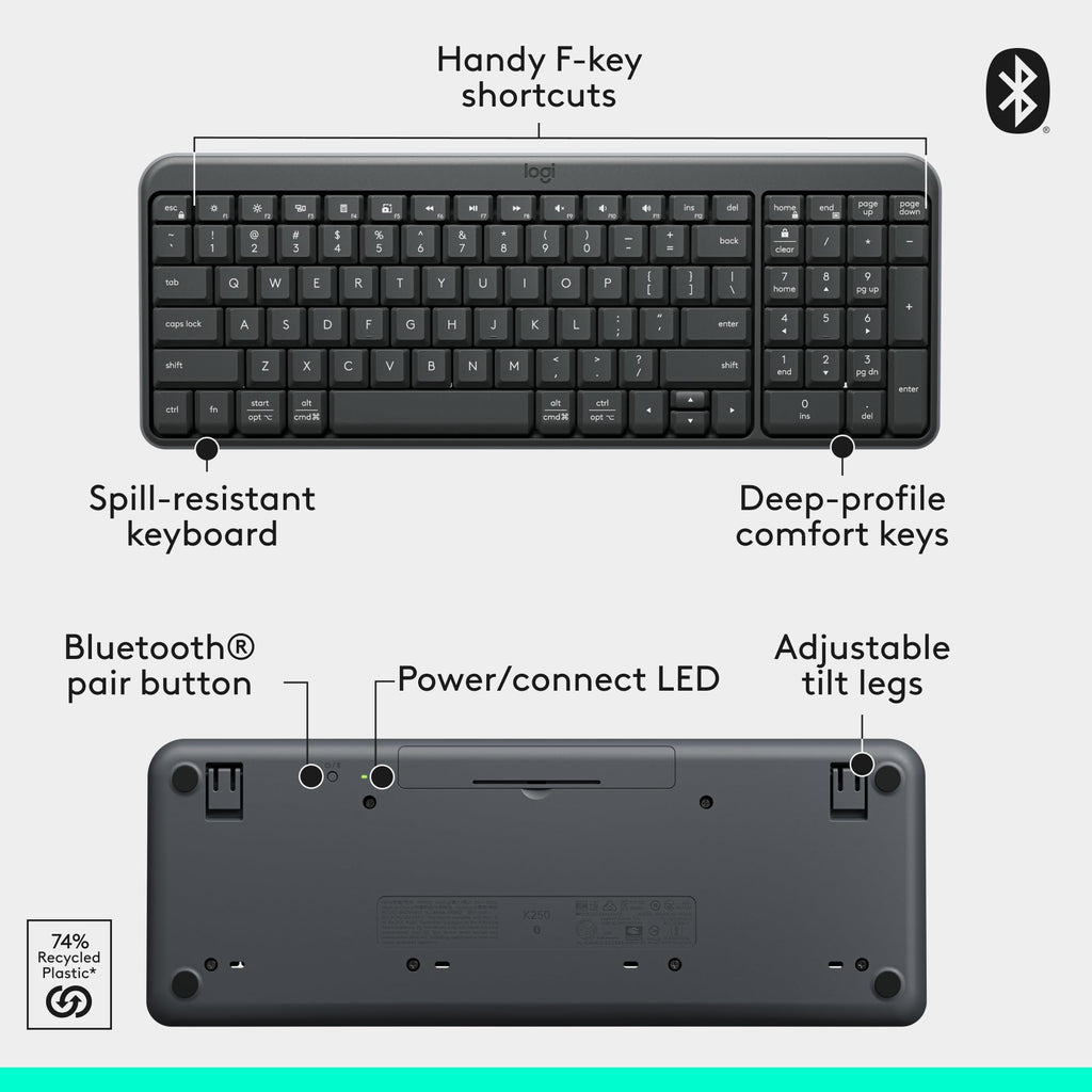 Logitech K250 Compact Wireless Bluetooth Keyboard with Number Pad, Graphite