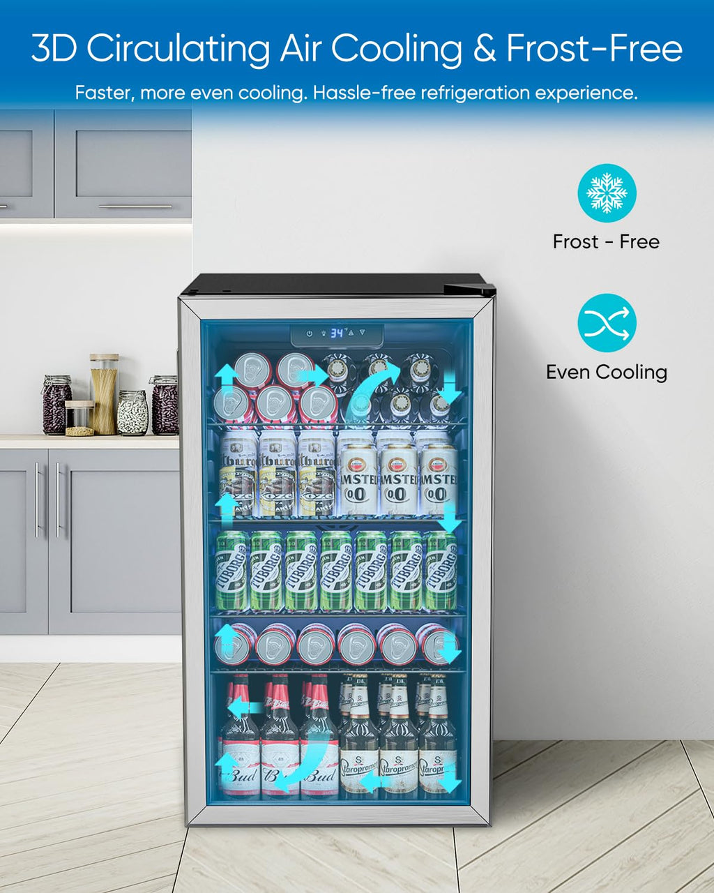 Feelfunn 3.2 Cu.Ft Mini Fridge with Glass Door - 126 Can Beverage Refrigerator Cooler for Drink Beer Wine Soda, Small Refrigerator for Bedroom Office Bar Dorm, 4 Adjustable Shelves, Silver