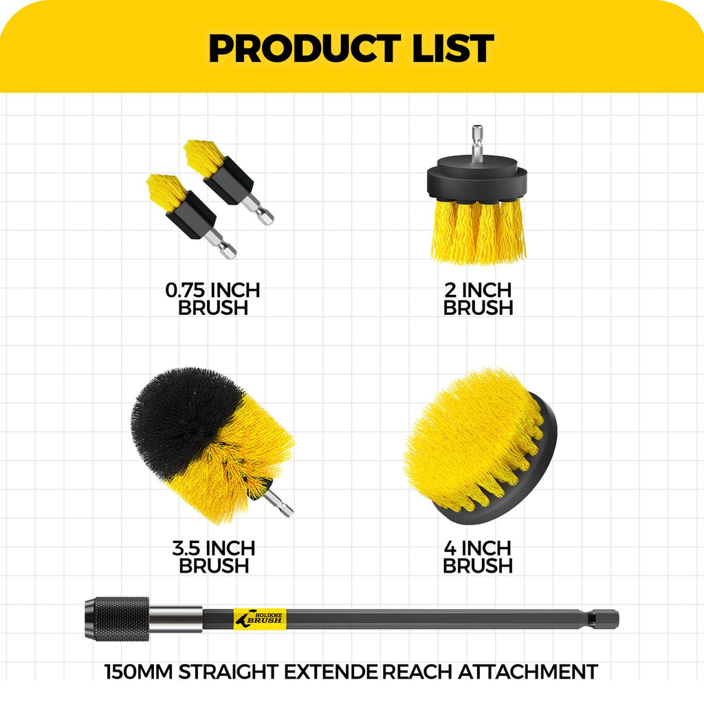 Holikme 6Pc Drill Brush Set - Soft Bristles with Extension for Home Clean