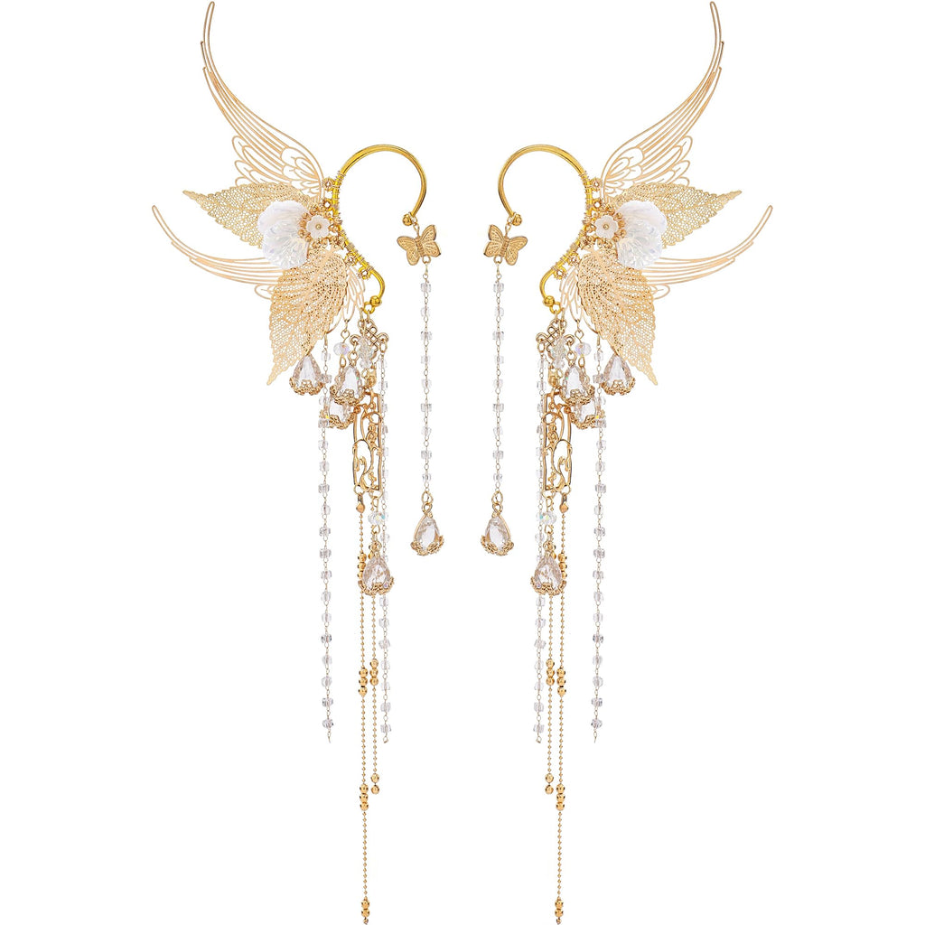 Renaissance Fairy Elf Ear Cuffs - Gold Mermaid Ears Elven Ear Cuffs with Tassel Butterfly Ear Wrap Earrings Non Piercing Earrings for Women Renfaire Halloween Christmas Dress Up Cosplay Accessories