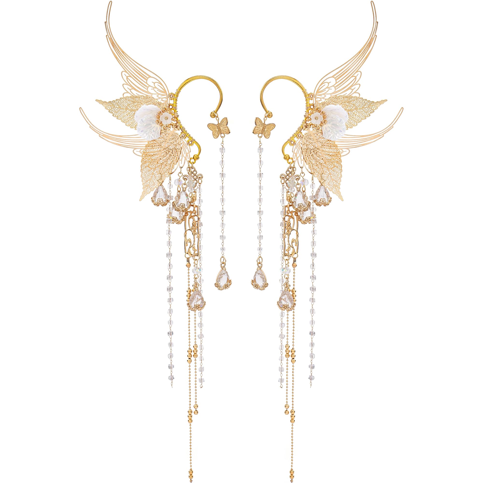 Renaissance Fairy Elf Ear Cuffs - Gold Mermaid Ears Elven Ear Cuffs with Tassel Butterfly Ear Wrap Earrings Non Piercing Earrings for Women Renfaire Halloween Christmas Dress Up Cosplay Accessories
