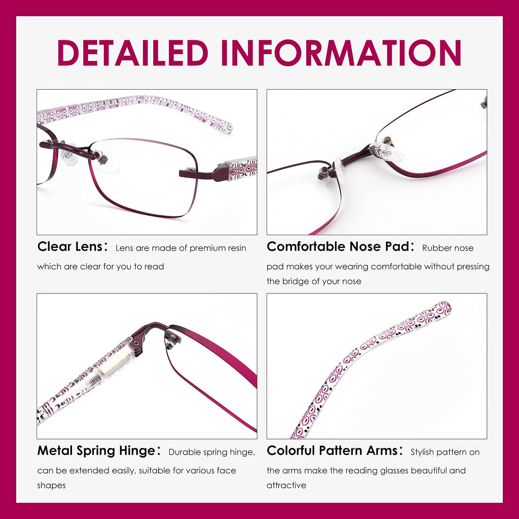 LOVIVY 3 Pack Rimless Reading Glasses for Women Blue Light Blocking Readers Tinted Edge Spring Hinge Pattern Print Arm Eyeglasses Mix 2.25