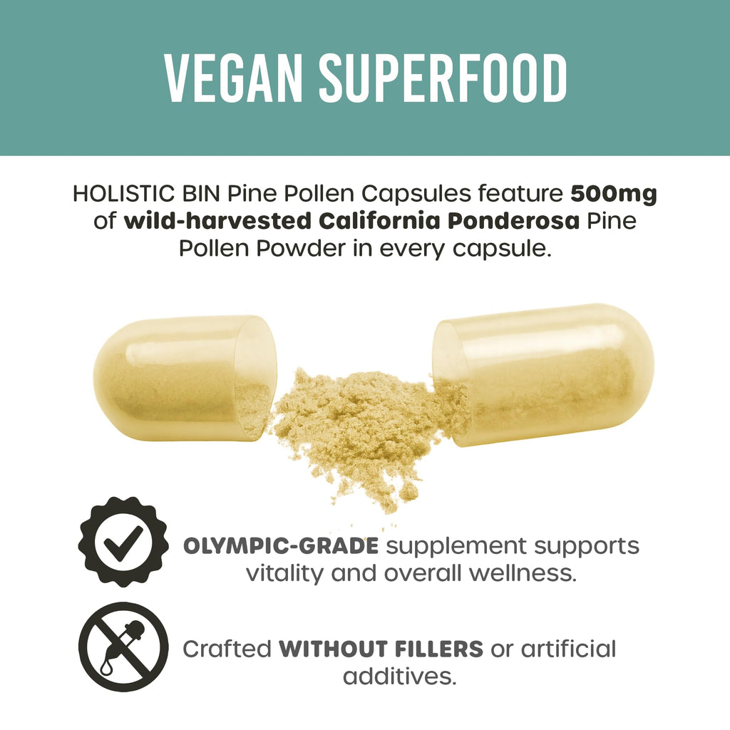 Holistic Bin Pine Pollen Capsules 500mg (Pinus Ponderosa) - Wild Harvested California Ponderosa Pine Pollen Powder - Olympic Grade - Organic, Non-GMO, No Fillers - 30 Day Supply (40 Capsules)