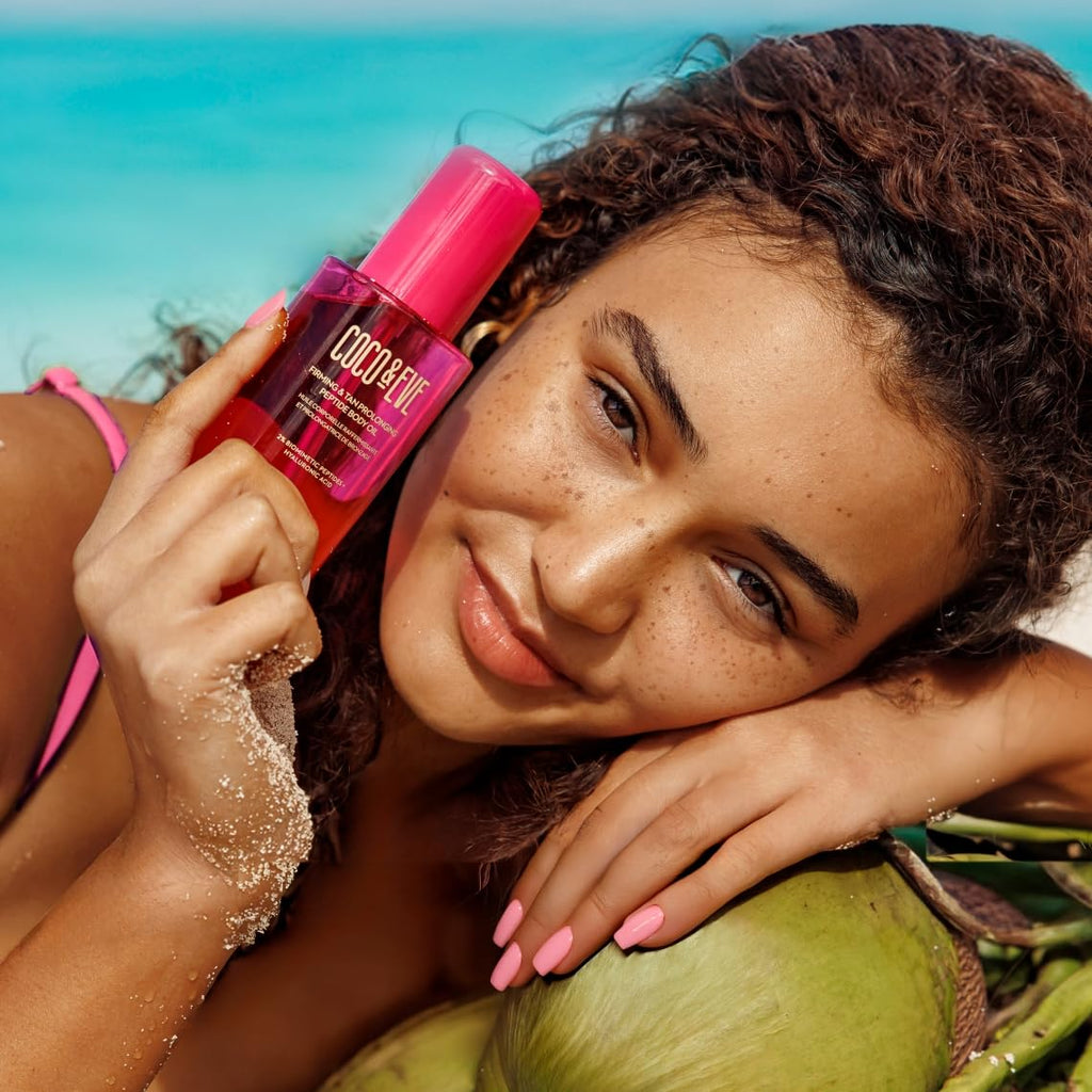 Coco & Eve Firming & Tan Prolonging Peptide Body Oil. Up to 28 Days Natural Tan Extender. After Sun Care with Tropical Oils, Vitamins C & E for Nourished, Glowy & Visibly Firmer Skin. (5.75 fl oz)