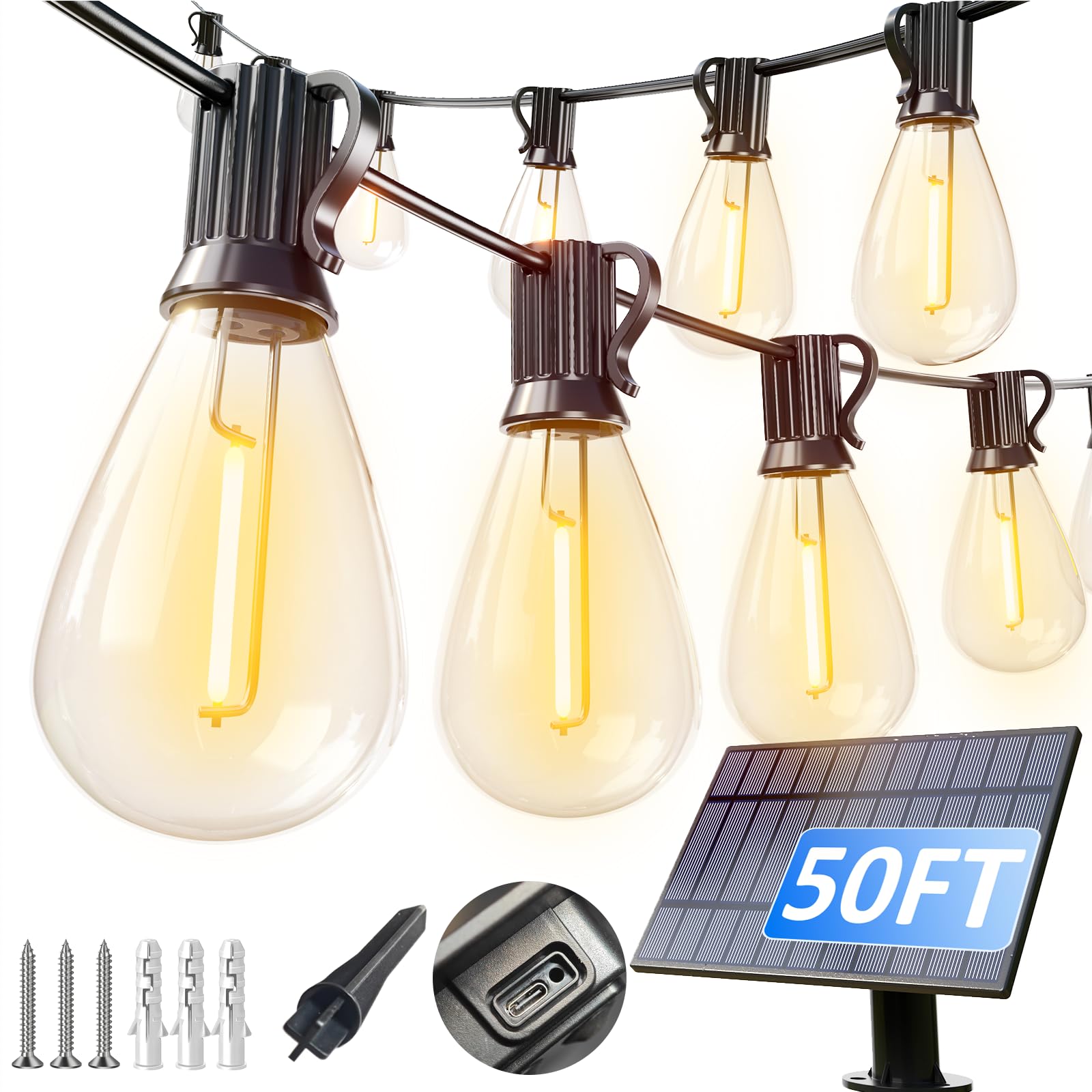 50FT Solar String Lights Outdoor Waterproof with 18+1 LED Bulbs Long Last for 20+Hrs, Commercial Grade Shatterproof USB Patio Solar Powered Lights for Camping，Backyard, Garden, Porch Decor