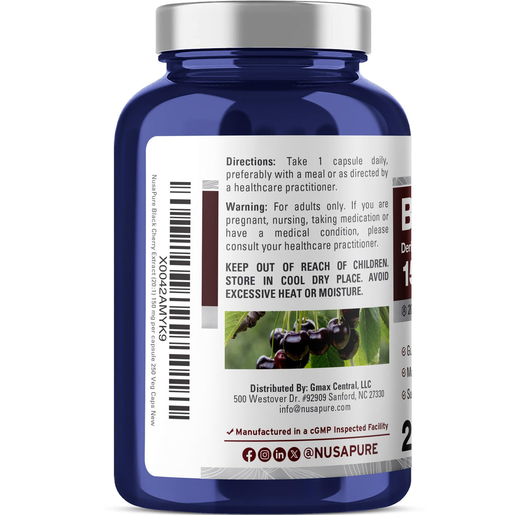 NusaPure Black Cherry Extract 150mg 250 Veg Capsules Max Potency, Non-GMO, Bioperine