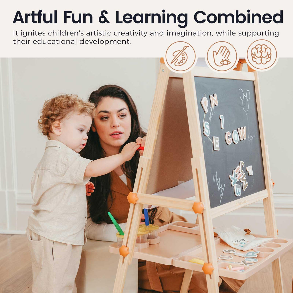 Tiny Land Easel for Kids, Double-Sided Magnetic Easel, Adjustable Wooden Kids Art Easel with Paper Roll, Learning-Toy for 3,4,5,6,7,8 Years Old Boy & Girls