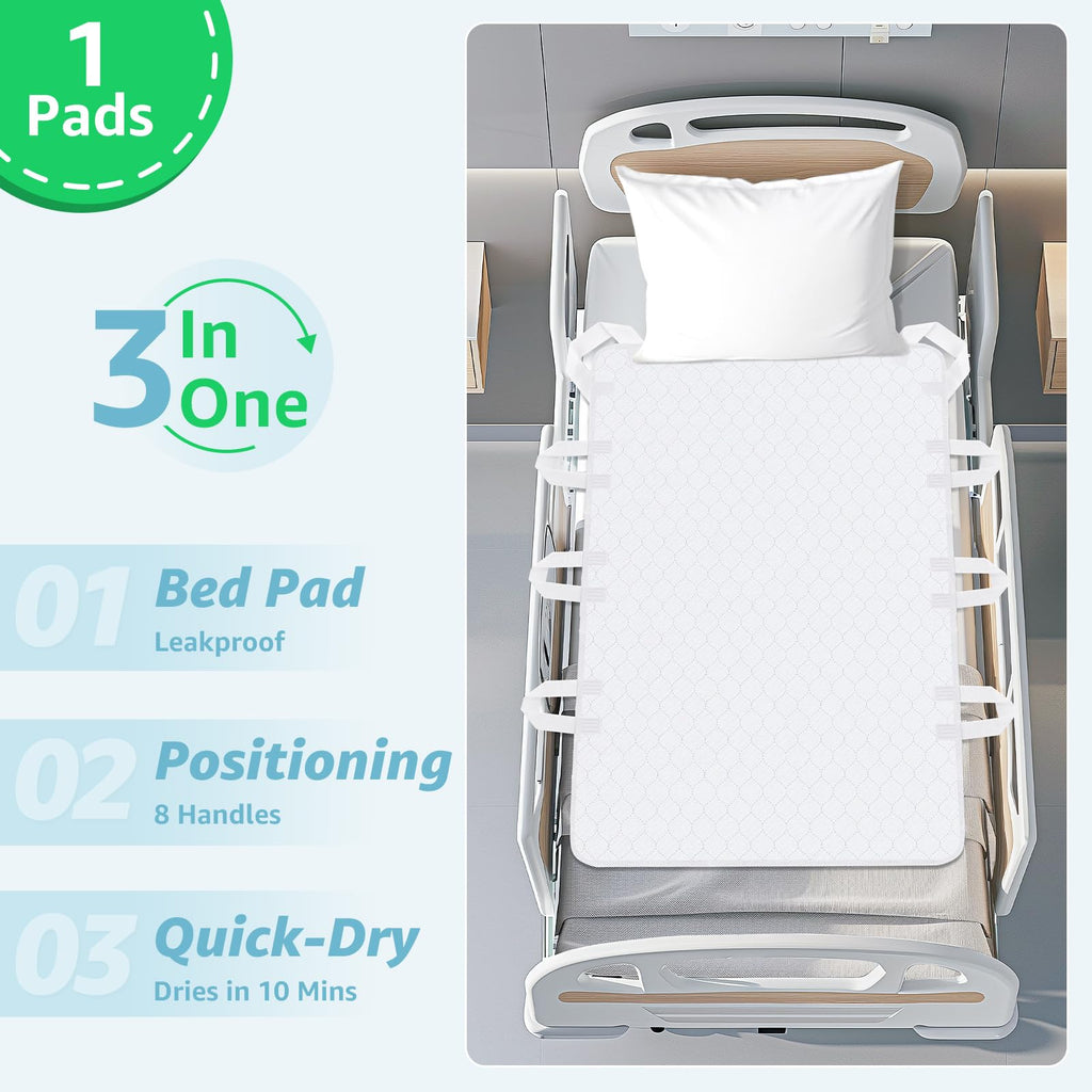 Washable Bed Pad for Incontinence: Waterproof Bed Pads with 8 Handles,Reusable Bed Underpads, Waterproof Positioning Bed Pads for Elderly Adult,Incontinence,Bedwet Kids,Bedridden,Hospitals, 34x52 Inch