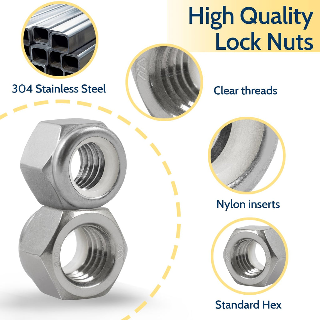 Vifmy 1/4-20 Lock Nut, 110Pcs Stainless Steel Nylock Insert Locking Nuts