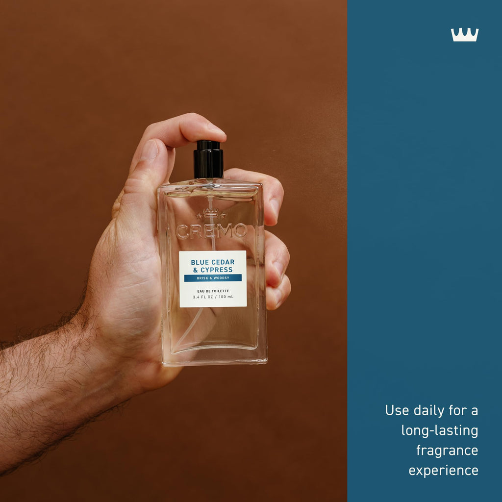 Cremo Cologne For Men - Blue Cedar & Cypress Mens Cologne Spray, A Woodsy Scent with Notes of Lemon Leaf, Cypress and Cedar, Multi-Layered Signature Men's Fragrances, 3.4 Fl Oz