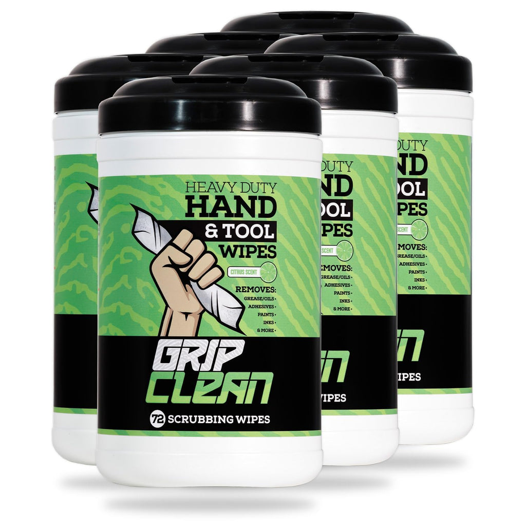 Grip Clean Heavy Duty Hand & Tool Cleaning Wipes – Waterless Hand Cleaner for Mechanics, Garage & Shop Use – Dual-Sided Grease, Oil & Paint Remover Wipes with Citrus Scent - 72ct (6 Pack)