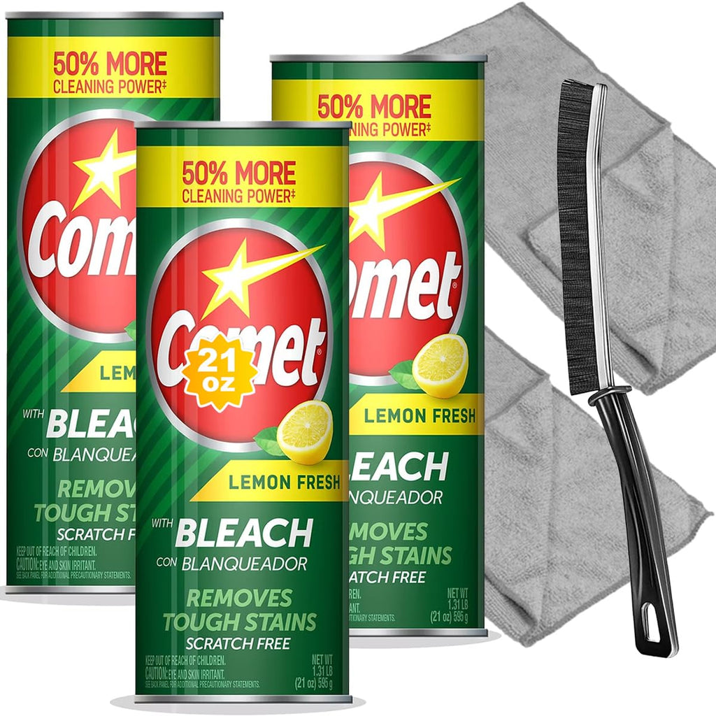 Cleaning Bundle: Comet Lemon Fresh Powder Cleanser with Bleach, 21 oz Bottles, 3 Pack + 2 Microfiber Cloths + 1 Narrow Brush