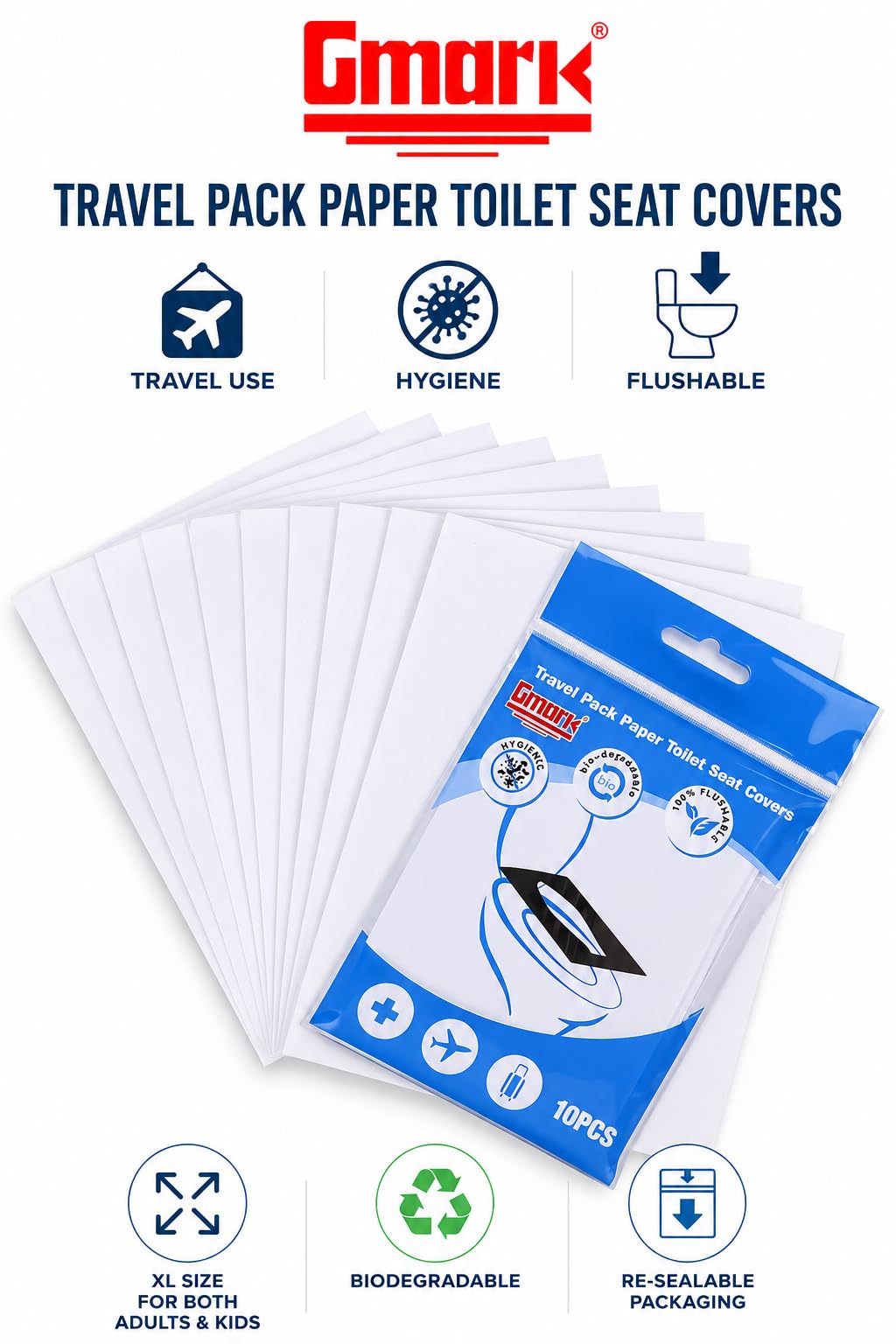 Gmark XL Flushable Toilet Seat Covers (100 Count) – Thick No-Tear Virgin Paper – Disposable Travel Packs for Airplane, Camping, & Potty Training – Biodegradable & Strong (10 Packs) GM2002A