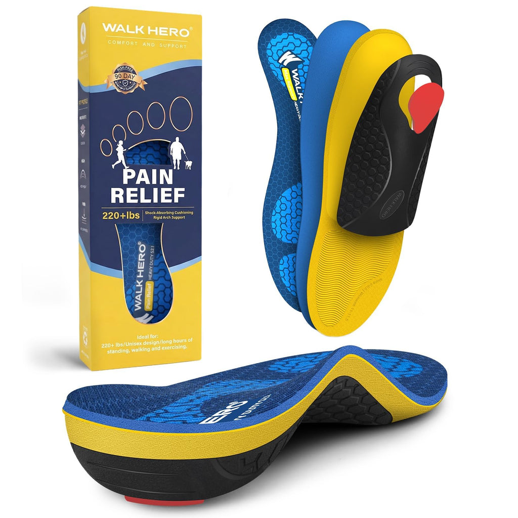 WalkHero Heavy Duty High Arch Support Insoles, 220+lbs High Arch Support Orthotics Inserts for Plantar Fasciitis, Flat Feet, Pronation and Heel Pain (Mens 10-10.5 | Womens 12-12.5, Glacial Blue)