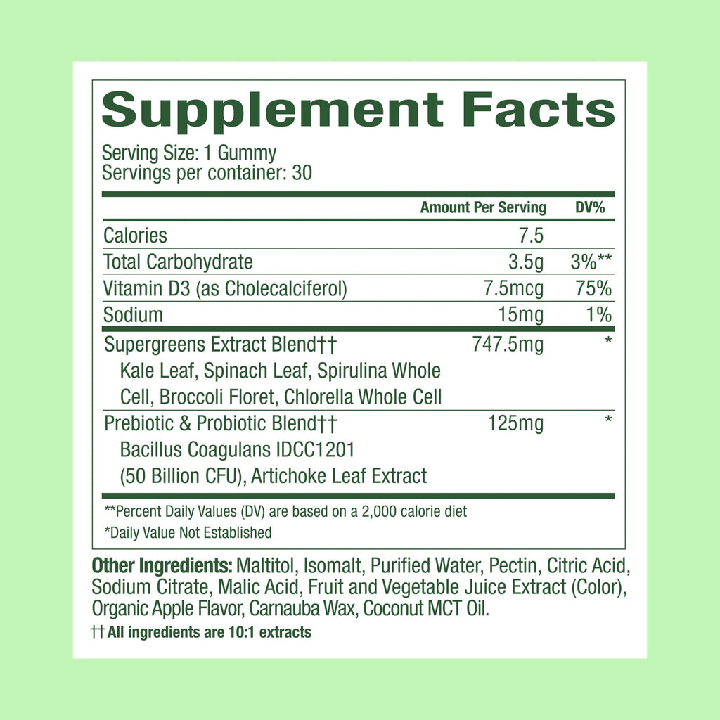 WonderGreens Kids Super Veggie Gummies – Sugar-Free, Allergen-Free Multivitamin for Picky Eaters with Probiotics – Tummy & Immune Support – Green Apple Flavor (30 Count)