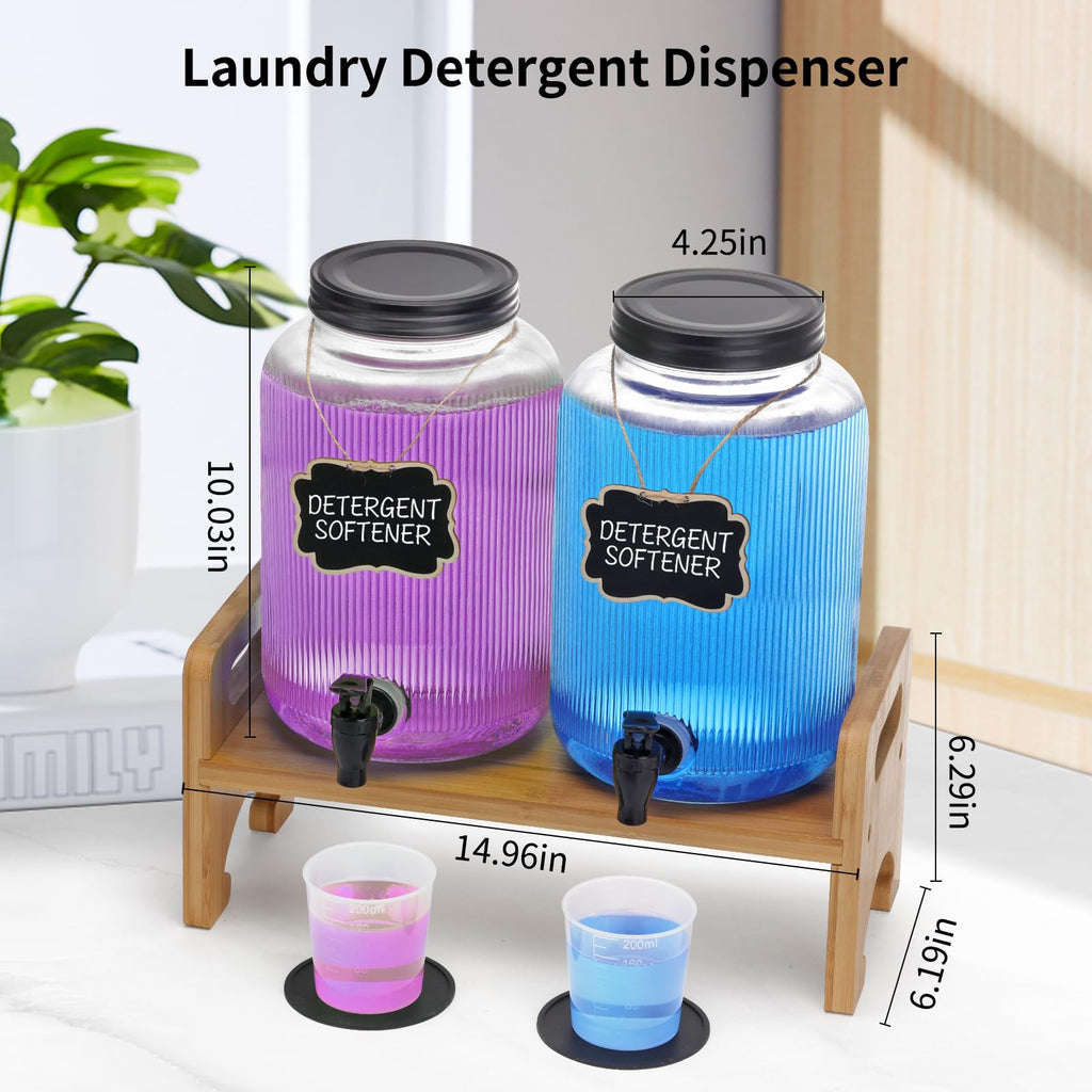 2-Pack Laundry Detergent Dispenser with Bamboo Stand，1 Gallon Laundry Soap Dispenser with Measuring Cup，Glass Laundry Detergent Containr for Laundry Room Organization and Storage