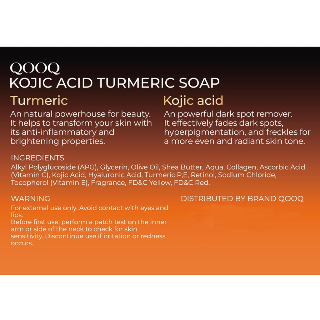 QOOQ Turmeric Kojic Acid Soap for Dark Spots Remover – Facial Cleansing Bar with Vitamin C, Retinol, Collagen, Vitamin E, Glycerin, Shea Butter & Castile Olive Oil – Soap for Women & Men (120g x 4)