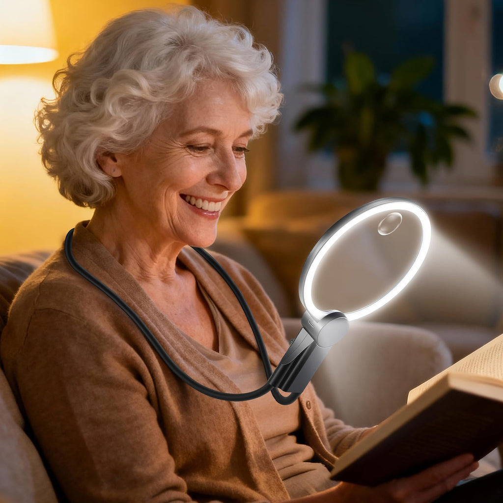 EVINYEP 2500mAh Magnifying Glass with Light, Upgrade LCD Display Screen 5X/10X Lighted Magnifier for Seniors & Low Vision, Hands Free Magnifier for Reading, Knitting, Cross Stitch & Crafts(Black)