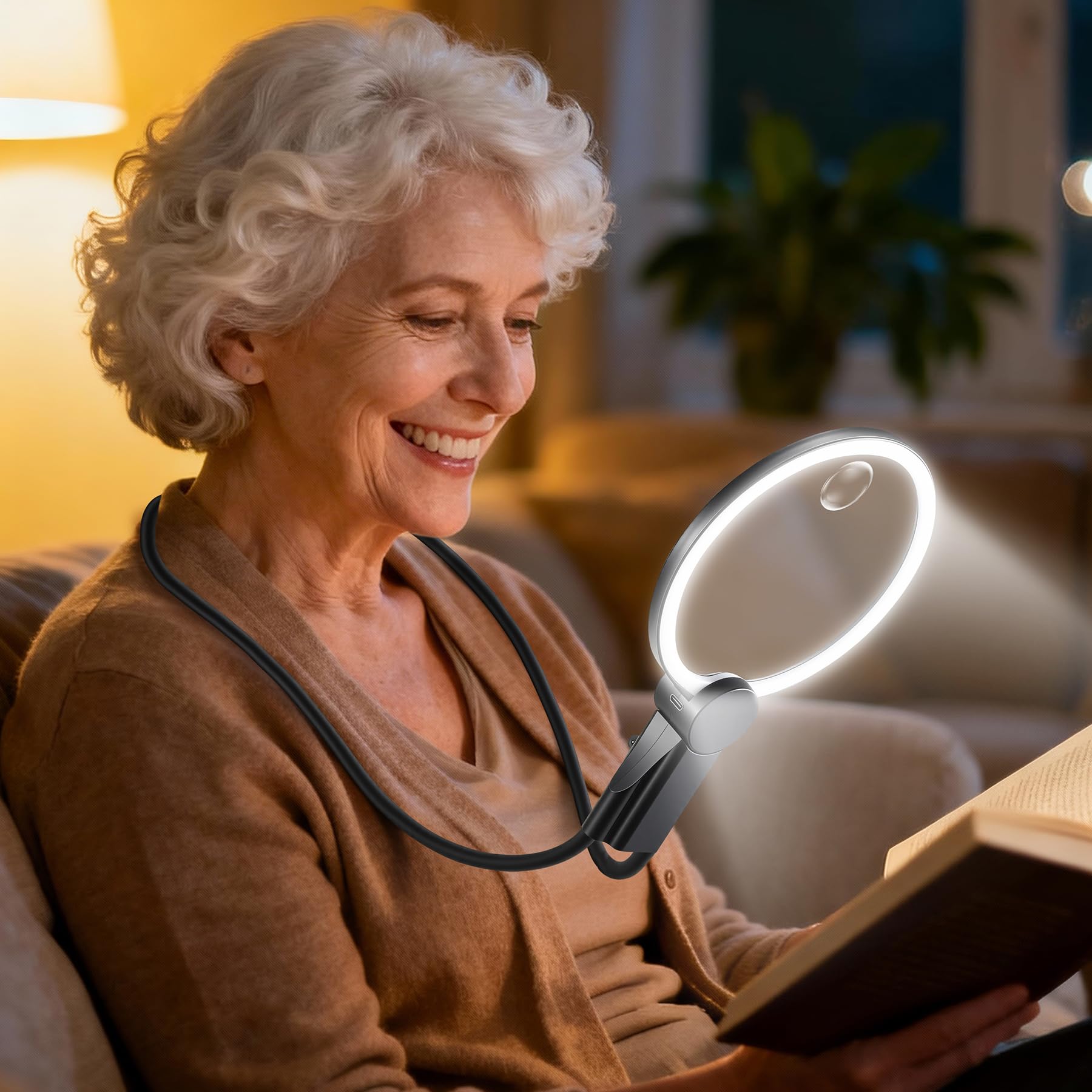 EVINYEP 2500mAh Magnifying Glass with Light, Upgrade LCD Display Screen 5X/10X Lighted Magnifier for Seniors & Low Vision, Hands Free Magnifier for Reading, Knitting, Cross Stitch & Crafts(Black)