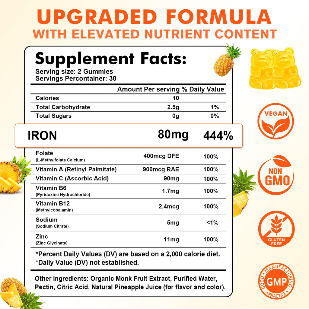 2 Pack Iron Gummies for Women & Men - Vegan Iron Supplement for Anemia & Iron Deficiency, with Vitamin B12, Vitamin C, Zinc, Folate - Energy Boost, Sugar-Free, Pineapple Flavor, 120 Count