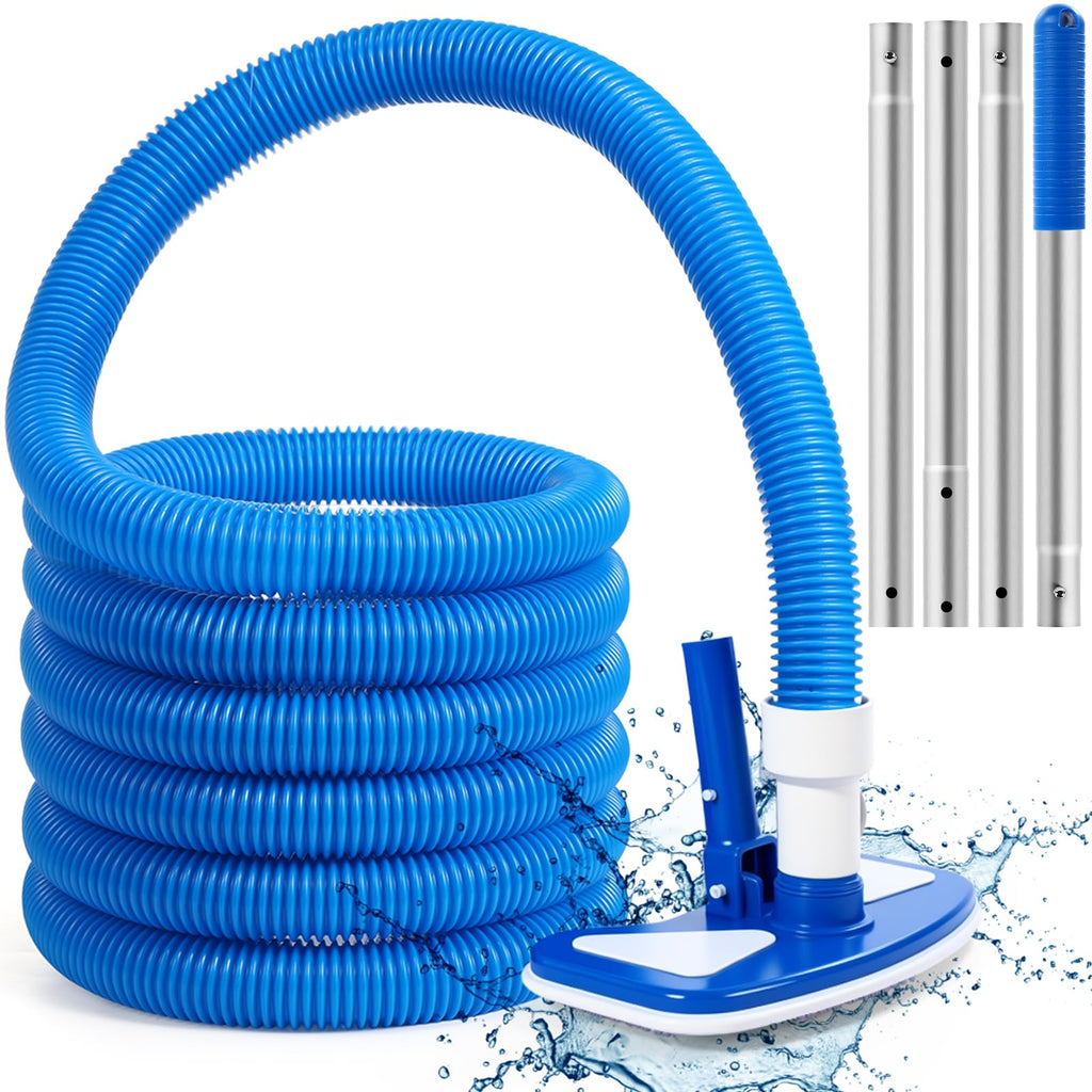 Innconee 3 Pcs Pool Vacuum Kits Include 11.8" Vacuum Head with 47" Adjustable Pole with 1-1/2" x 18ft Long Hoses Flexible Head with Wheels for Above Ground Inground Pond Spa Hot Tub