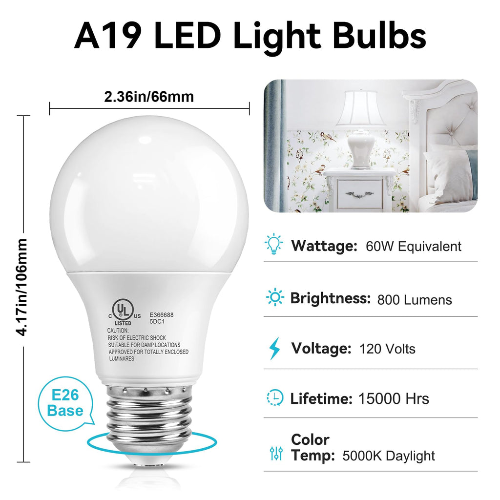 TJOY 8 Pack LED Light Bulbs 60 Watt Equivalent, Daylight White 5000K A19