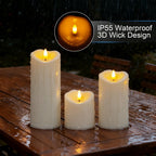 Raycare 3"x4"6" 8" Outdoor Waterproof Flameless Candles, Battery Operated LED Candles with Remote Control and Timer, Electric Fake Plastic Pillar Candles, Ivory White, Set of 3