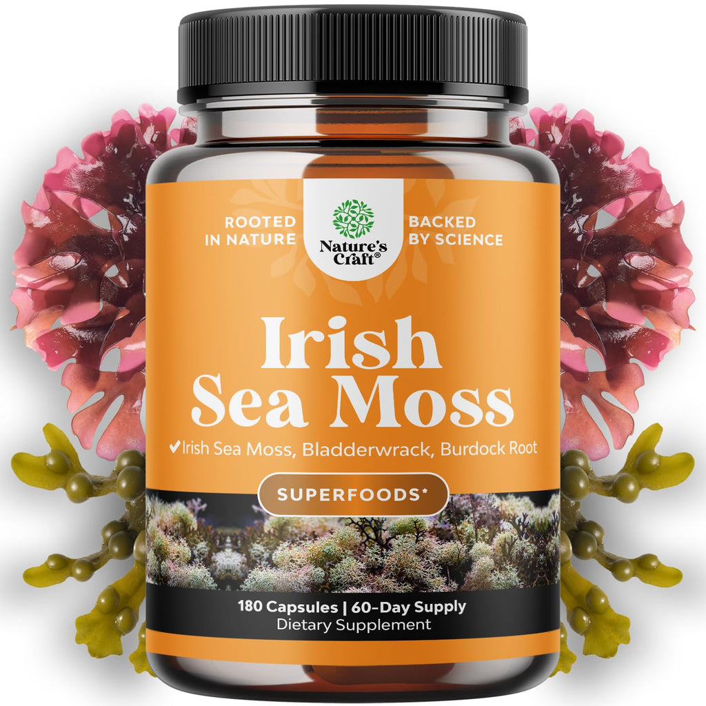 Natures Craft Irish Sea Moss Capsules - Sea Moss Pills with 2100mg Serving Superfood Complex with Bladderwrack Burdock Root and BioPerine for Immune Skin & Thyroid Support - Vegan Non-GMO - 180 Count