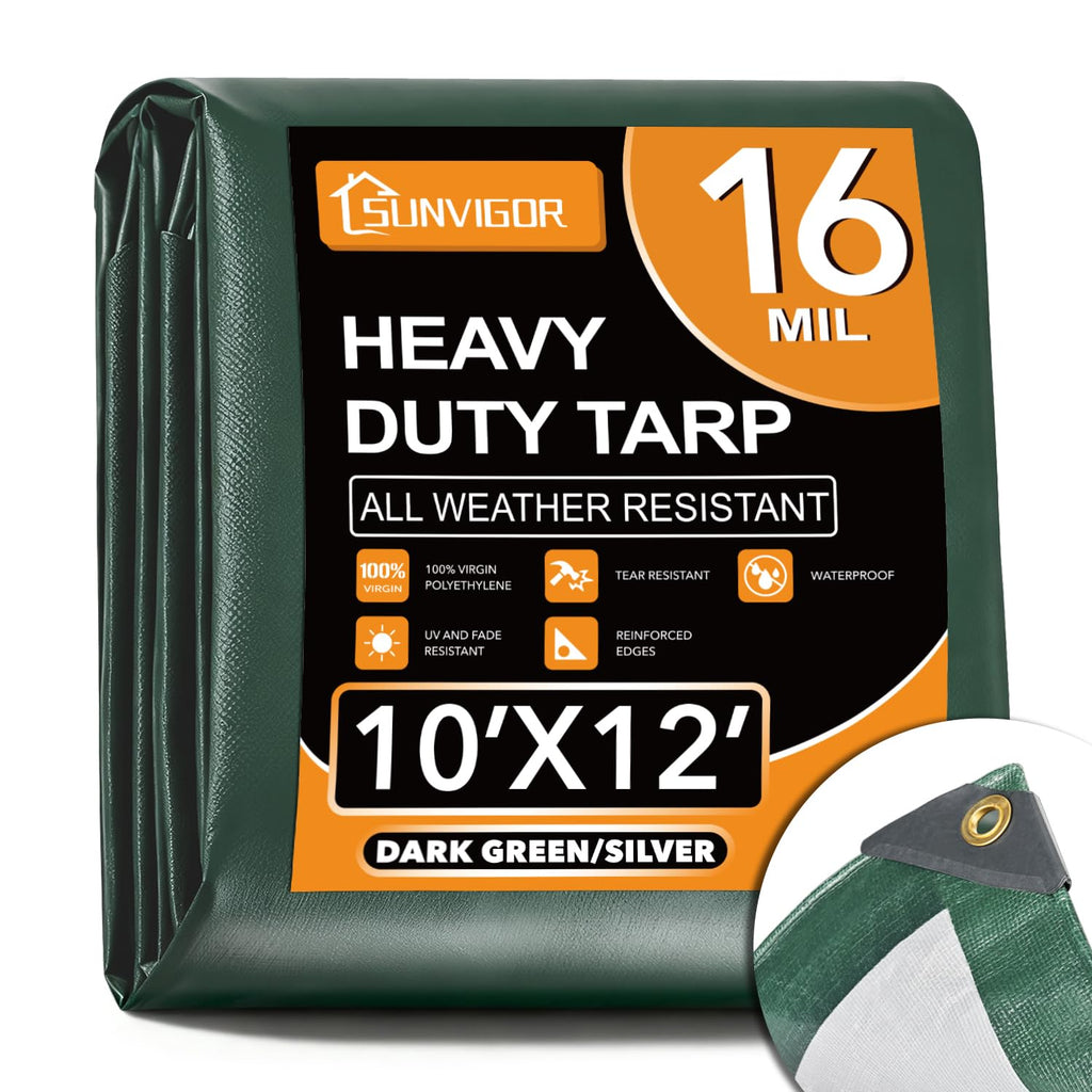 Sunvigor Tarp Waterproof 10x12Ft, Extra Thick 16 Mil Heavy Duty Tarp Cover, Tear & Fade Resistant, Outdoor Tarps with Brass Grommets and Reinforced Edges for Roof, Camping, Patio, Boat (Green/Silver)