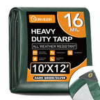Sunvigor Tarp Waterproof 10x12Ft, Extra Thick 16 Mil Heavy Duty Tarp Cover, Tear & Fade Resistant, Outdoor Tarps with Brass Grommets and Reinforced Edges for Roof, Camping, Patio, Boat (Green/Silver)