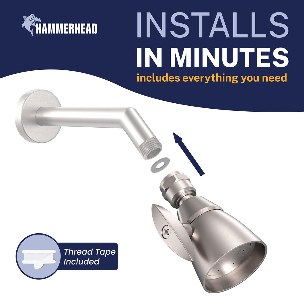 HammerHead Showers® SOLID METAL 2 Inch High Pressure Shower Heads BRUSHED NICKEL – California Compliant 1.75 GPM Low Flow Rate - High Flow Shower Head with ADJUSTABLE SPRAY PATTERN - Fixed Shower Head