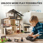 Tiny Land Wooden Dollhouse Garage Toy Set – Realistic Design with Garage, Workbench, Lawn Mower, and SUV Car – Ideal Gift for Kids