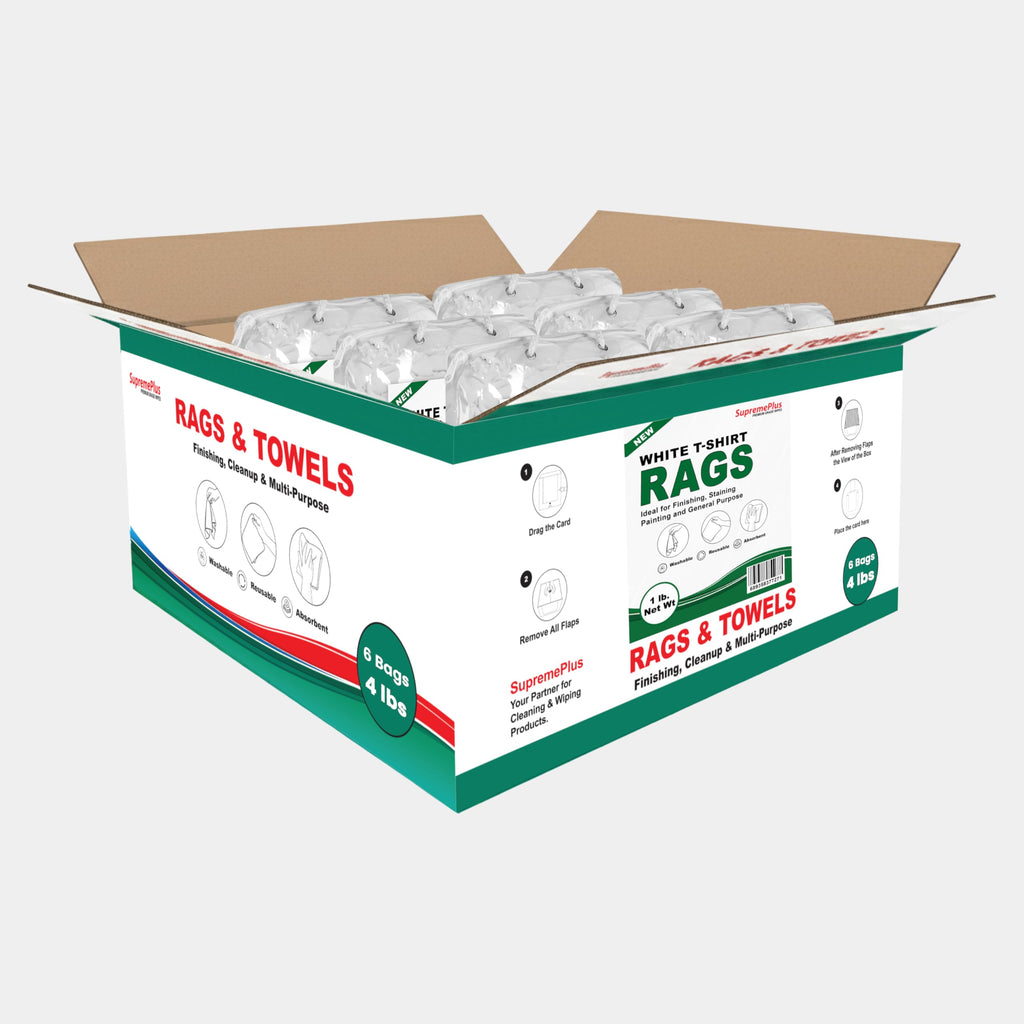 SupremePlus Premium White T-Shirt Cleaning Rags (4 lbs. Bag - Pack of 6) – White Cotton Rags for Cleaning, Staining, Painting, Oil, Grease & Dust Removal – Shop Rags Bulk for Multipurpose use