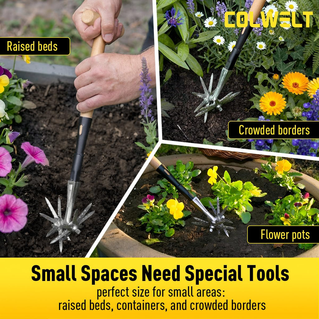 Colwelt Manual Rotary Cultivator, Single-Tine Aluminum Cultivators for Gardening, Garden Hand Tiller Manual with Ergo Wooden t-Handle, Hand Held Cultivator Tool For Flower Beds Cultivate, Aerate, Weed