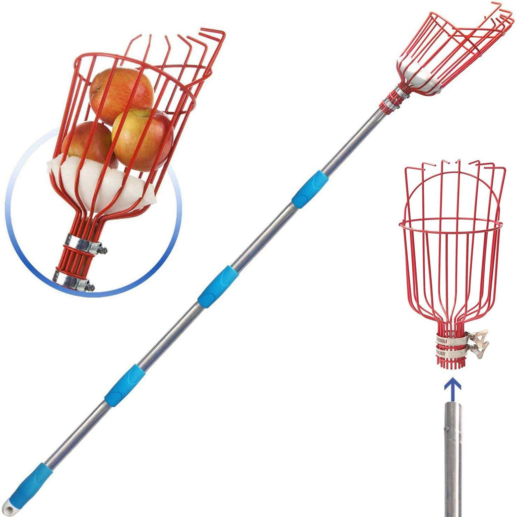 8FT Fruit Picker, Fruit Picker Tool with Basket & Adjustable Stainless Steel Handle, Lightweight Fruit Grabber for Apple Mango Avocado Orange Lemon, Easy Assembly & No Ladder Needed for Tall Tree