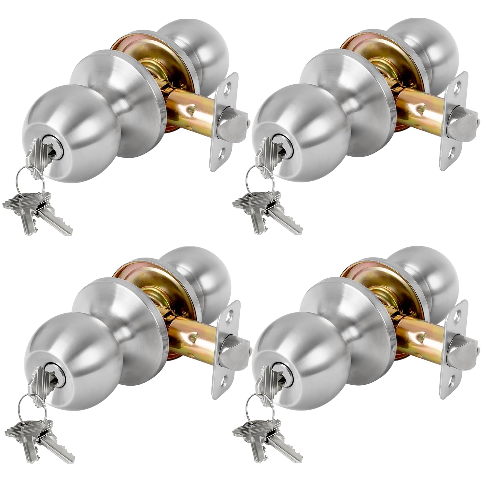 RAFECIEE 4 Pack Keyed Entry Door Knob with Lock and Key, Exterior and Interior Door Knob for Bedroom or Bathroom, Satin Nickel, Not Keyed Alike