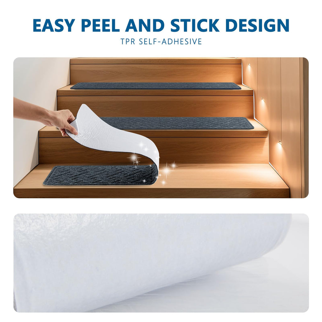 Stair Treads for Wooden Steps Indoor, 15 Pack 8" X 30" Non Slip Carpet Stair Treads with Reusable Adhesive for Kids Elders and Dogs, Surface Polyester TPR Backing Stair Rugs