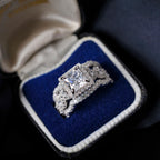 RYANEE Princess Cut Cubic Zirconia Halo Promise Engagement Ring For Women in 925 Sterling Silver, Simulated Diamond 14k White Gold Plated CZ Stackable Rings For Her, Wedding Band Bridal Ring Set 7