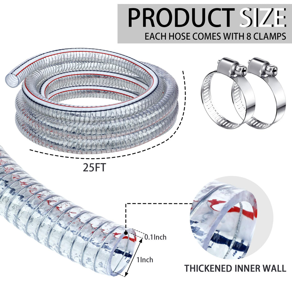 Frienda Heavy Duty Steel Wire Flexible Tubing with Fasteners PVC High Pressure Oil Drain Hose Tube Clear Wire Reinforced for Pond Marine Bilge Pump Garden Pool Vacuum Suction Hose(24.6 Ft, 1 Inch Id)
