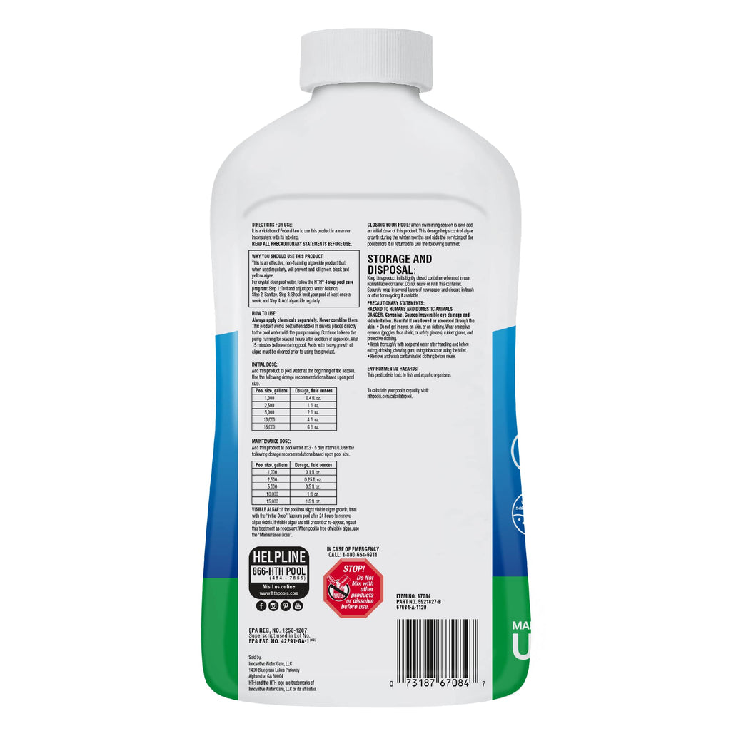 HTH 67084 Pool Care Algae Guard Advanced, All Algae Eliminator for Swimming Pools - Fast-Acting, Destroys & Prevents Green, Black & Mustard Algae, Keeps Pool Water Crystal Clear, 32 fl oz