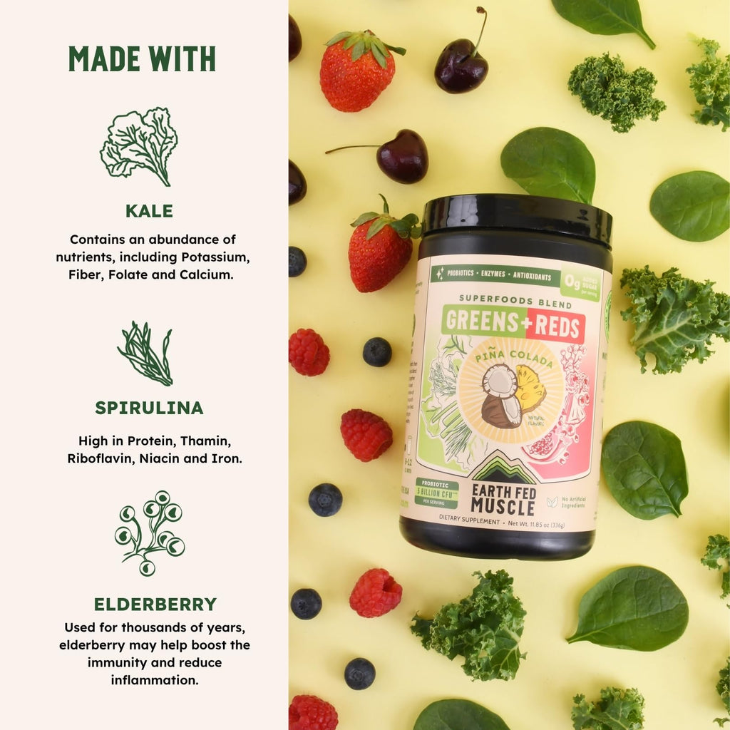 Earth Fed Muscle Greens and Reds Superfoods Blend, Piña Colada – Kale, Spirulina, Wheatgrass & Elderberry – Antioxidant Support, Vitamins & Probiotics – No Artificial Ingredients – 30 Servings
