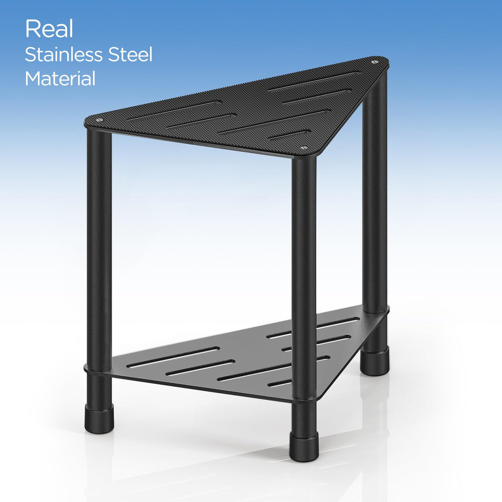 LarFaFa Stainless Steel Black Shower Stool for Inside Shower, 15.4'' H Shower Foot Rest, Corner Shower Stool with Storage Shelf, Shower Step for Shaving Legs, Bathroom Corner Shower Bench
