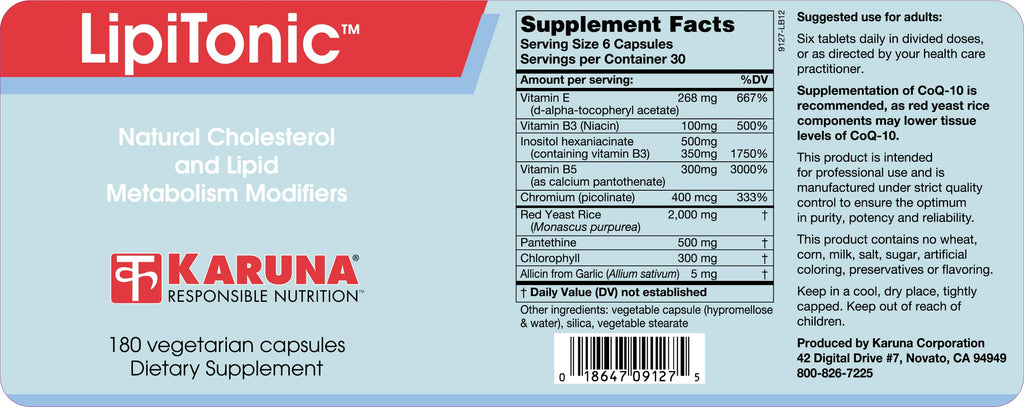 Karuna Lipitonic - 180 Vegetarian Capsules - Blend of Vitamins, Minerals, and botanicals Supporting Healthy Cholesterol Levels Already in the Normal Range and Promote Healthy lipid Metabolism