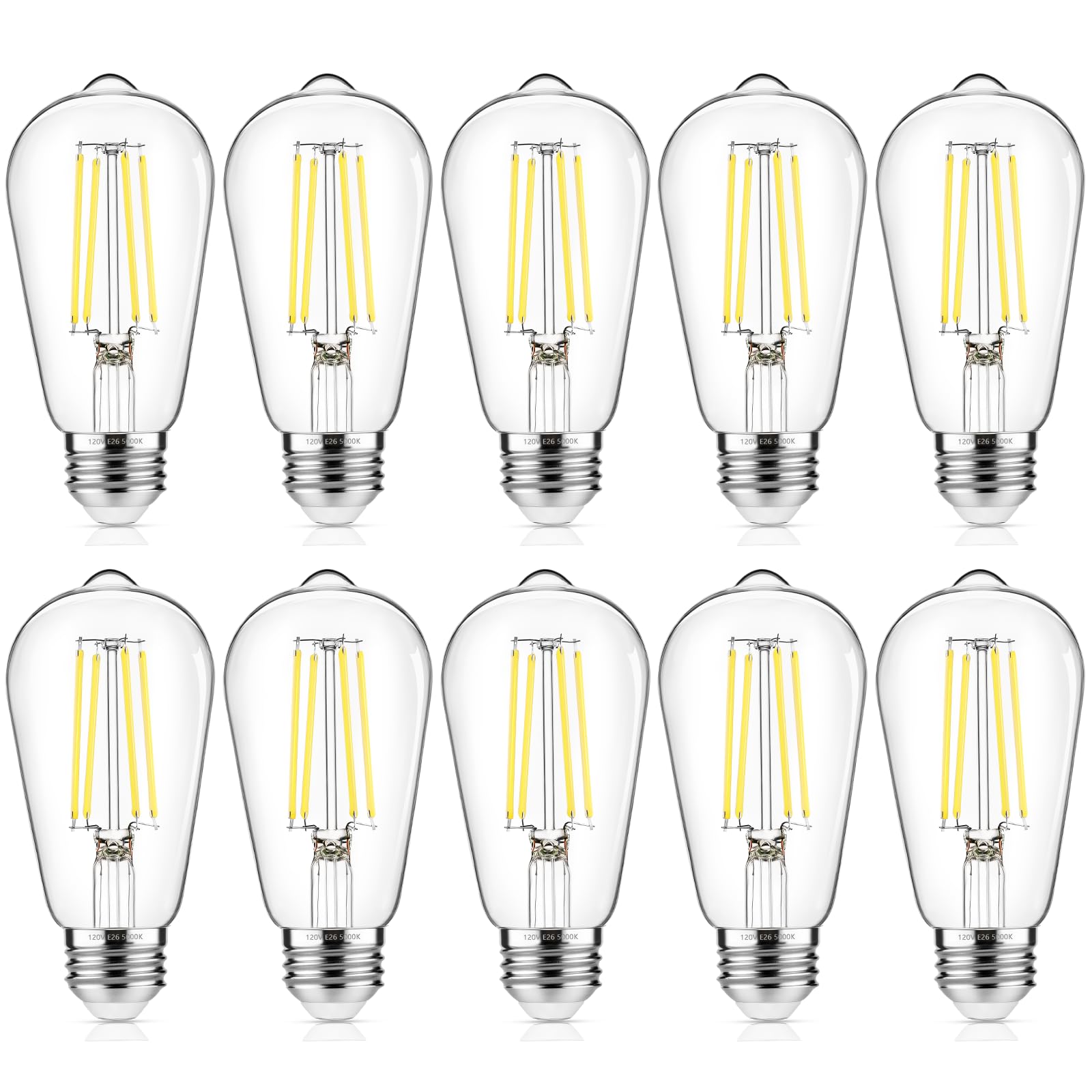 ASOMST 10-Pack Vintage Edison Bulbs 60W Equivalent, 850LM 6W LED Light Bulb Daylight White 5000K, ST58 Filament Lighting E26 Base, Non-Dimmable