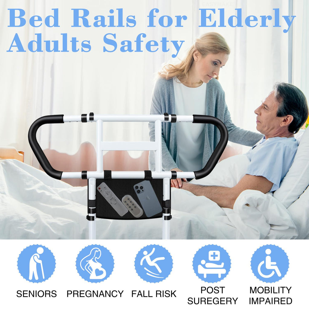 Bed Rails for Elderly Adults Safety: Adjustable Bedside Assist Rails with Storage Pockets, Non-Slip Handles, Items for Elderly Bed Rail, 400LB Gravity Capacity