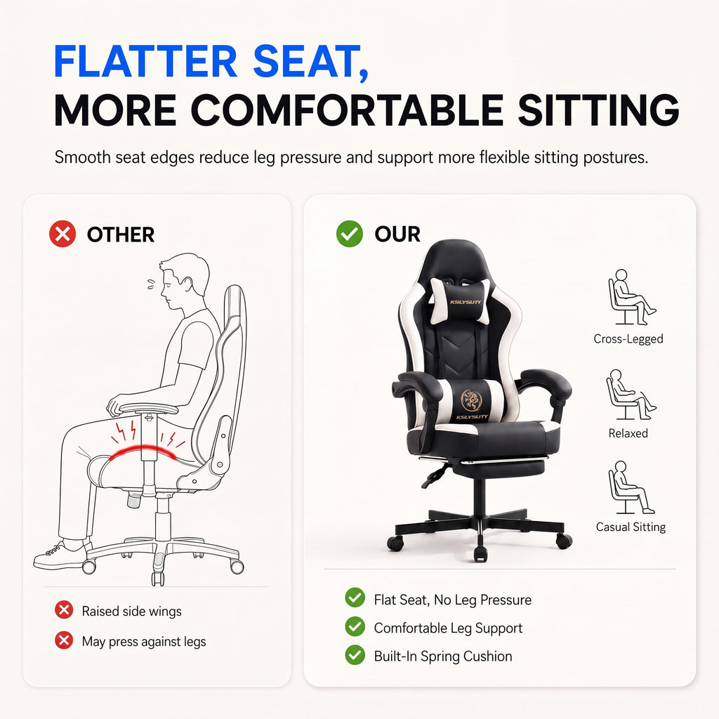 Kslysuty Desk Computer Gaming Chair - High Back Ergonomic Office Chair with Footrest and Lumbar Support, Swivel Comfy Home Gamer Video Game Chairs with Pocket Spring Cushion for Adults (White Leather)