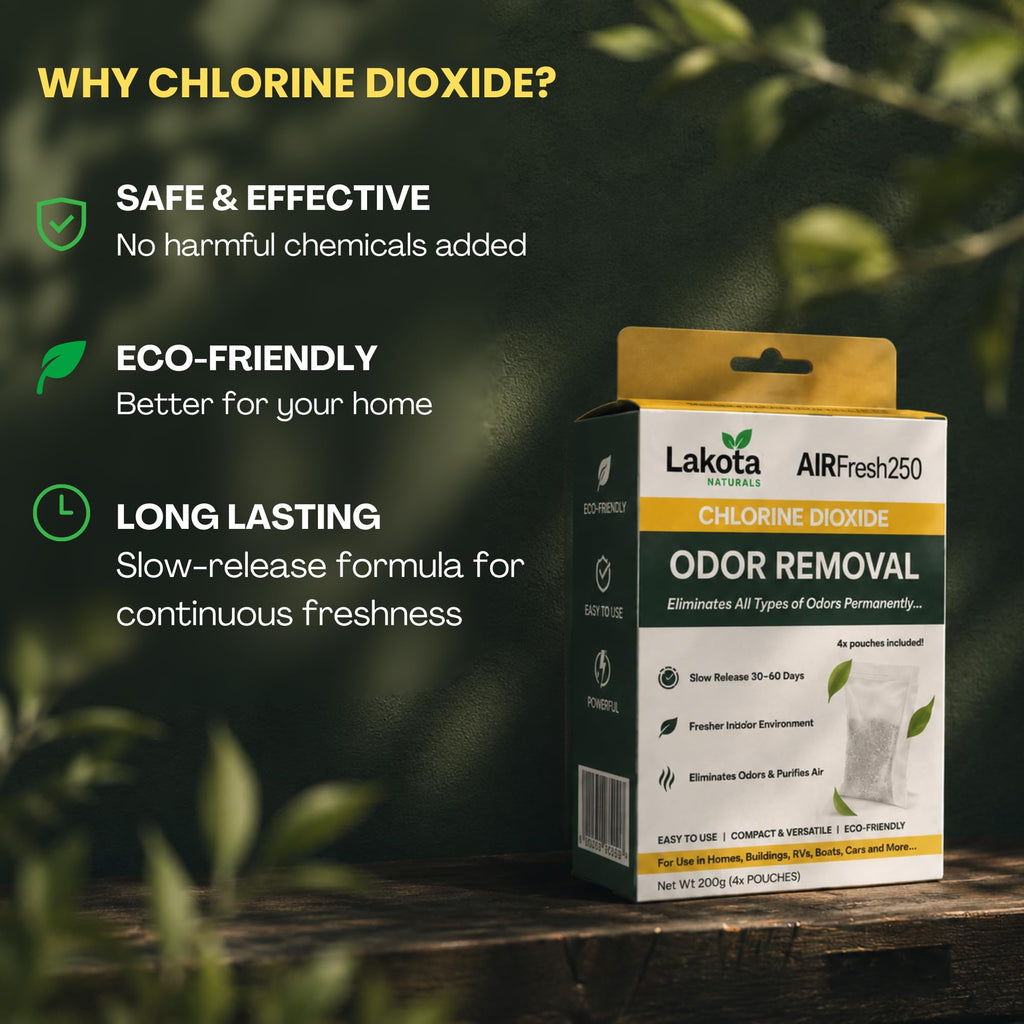 AirFresh250 - Slow Release Chlorine Dioxide Air Purifing Pouch - 4 Pouches. Eliminates all Odors, Professional Strength Odor Remover for Car, RV, Garbage, Refrigerator, Shoes, Closets, Gymbags.
