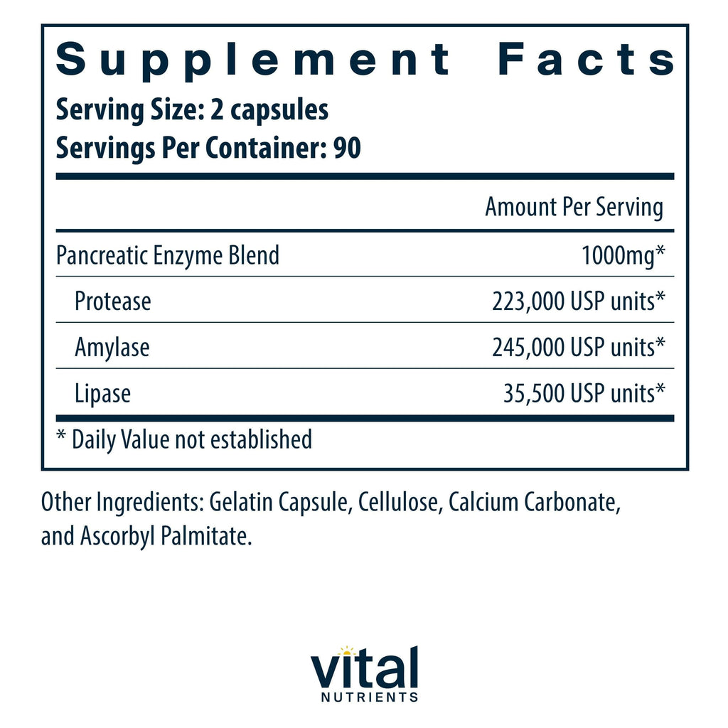 Vital Nutrients Pancreatic Enzymes 1000mg (Full Strength) - Pancreatin Digestion Supplement with Protease, Amylase & Lipase - Digestive Enzymes - Gluten, Dairy, and Soy Free - 180 Capsules