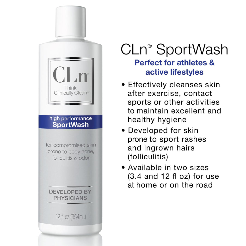 CLn® SportWash – High-Performance Sport Body Wash, For Men & Women Prone to Body Odor, Foot Odor, Ringworm, Folliculitis, & Back Acne, Fragrance-Free & Paraben-Free, 12 fl. oz.