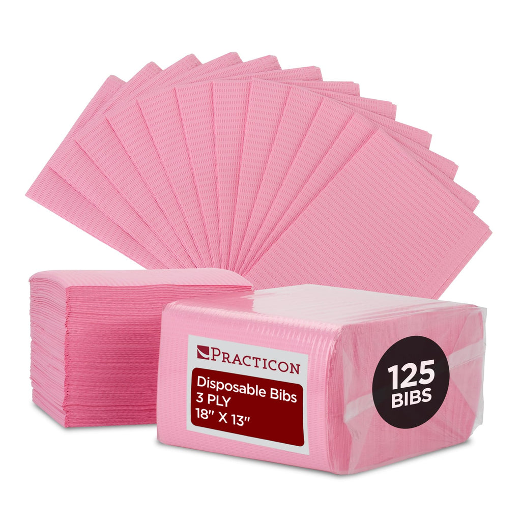 Practicon 125 Pack Pink Disposable Patient Bibs, 18" x 13", 3 Ply Waterproof Paper Bib Sheet with Poly Back, Dental, Medical, Tattoo, Nail Tray or Table Cover, 125 Pack